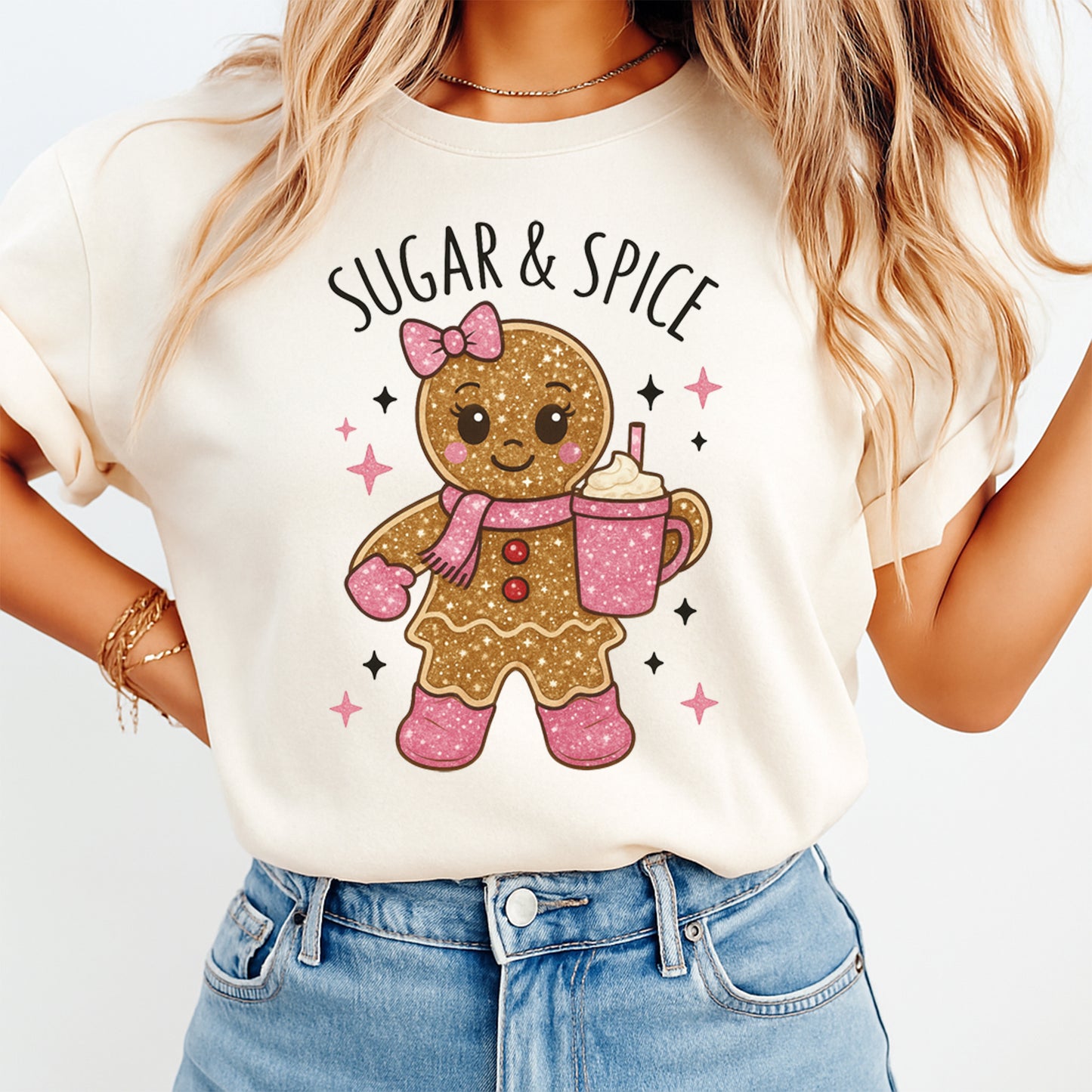 Christmas DTF Transfer – Sugar & Spice Gingerbread Girl with Cocoa Ready to Press Iron On Heat Transfer for DIY Shirts 11895