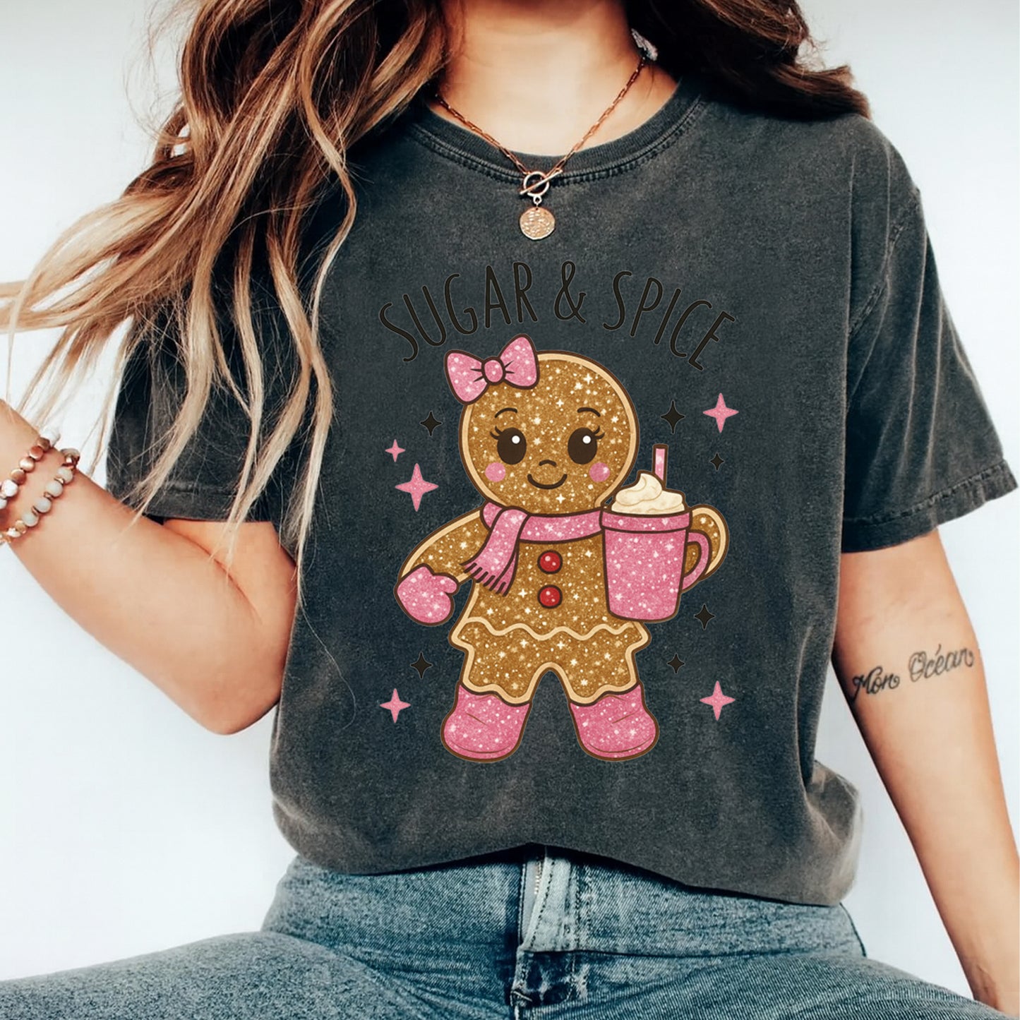 Christmas DTF Transfer – Sugar & Spice Gingerbread Girl with Cocoa Ready to Press Iron On Heat Transfer for DIY Shirts 11895