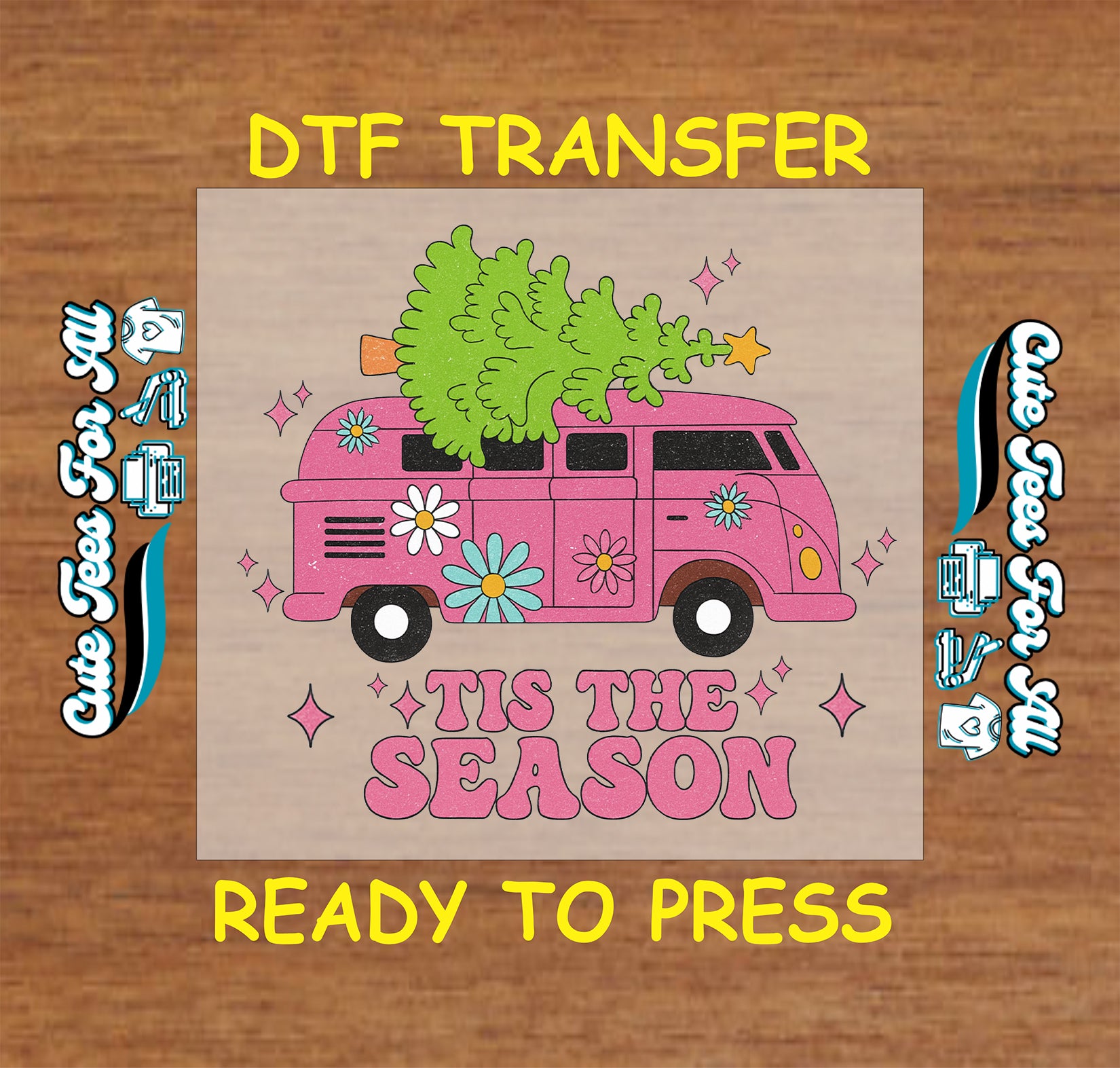 pink van with christmas tree and flowers tis the season ready to press dtf iron on heat transfer for diy shirts