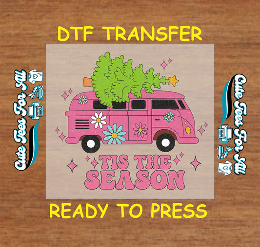pink van with christmas tree and flowers tis the season ready to press dtf iron on heat transfer for diy shirts