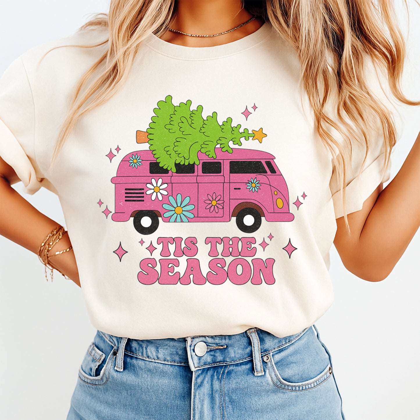 Christmas DTF Transfer – Pink Van with Tree & Flowers ‘Tis the Season Ready to Press Iron On Heat Transfer for DIY Shirts 11896