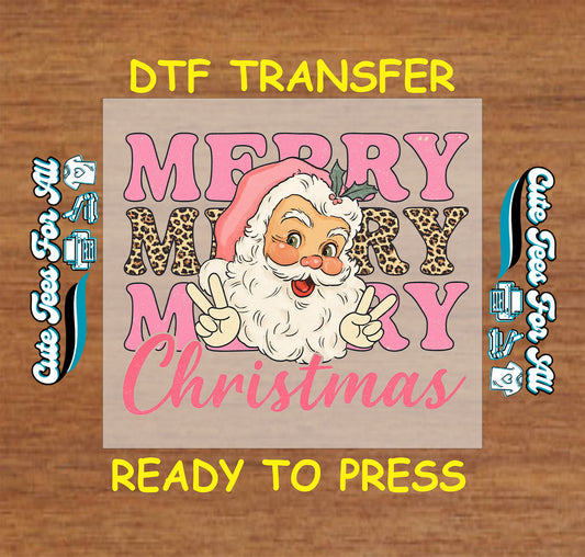 retro santa with pink and leopard print merry christmas ready to press dtf iron on heat transfer for diy shirts