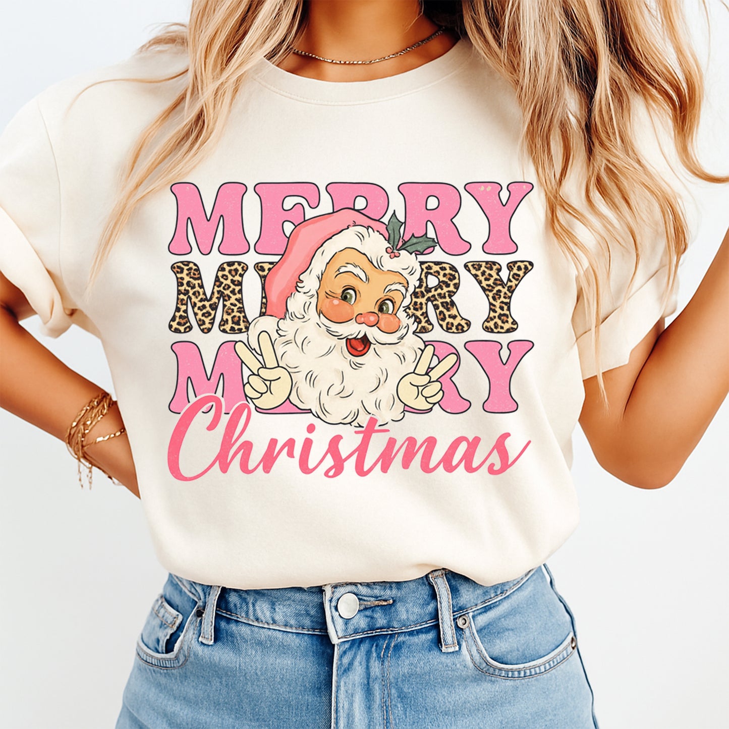 Christmas DTF Transfer – Merry Leopard Print Santa Ready to Press Iron On Heat Transfer for DIY Shirts 11901