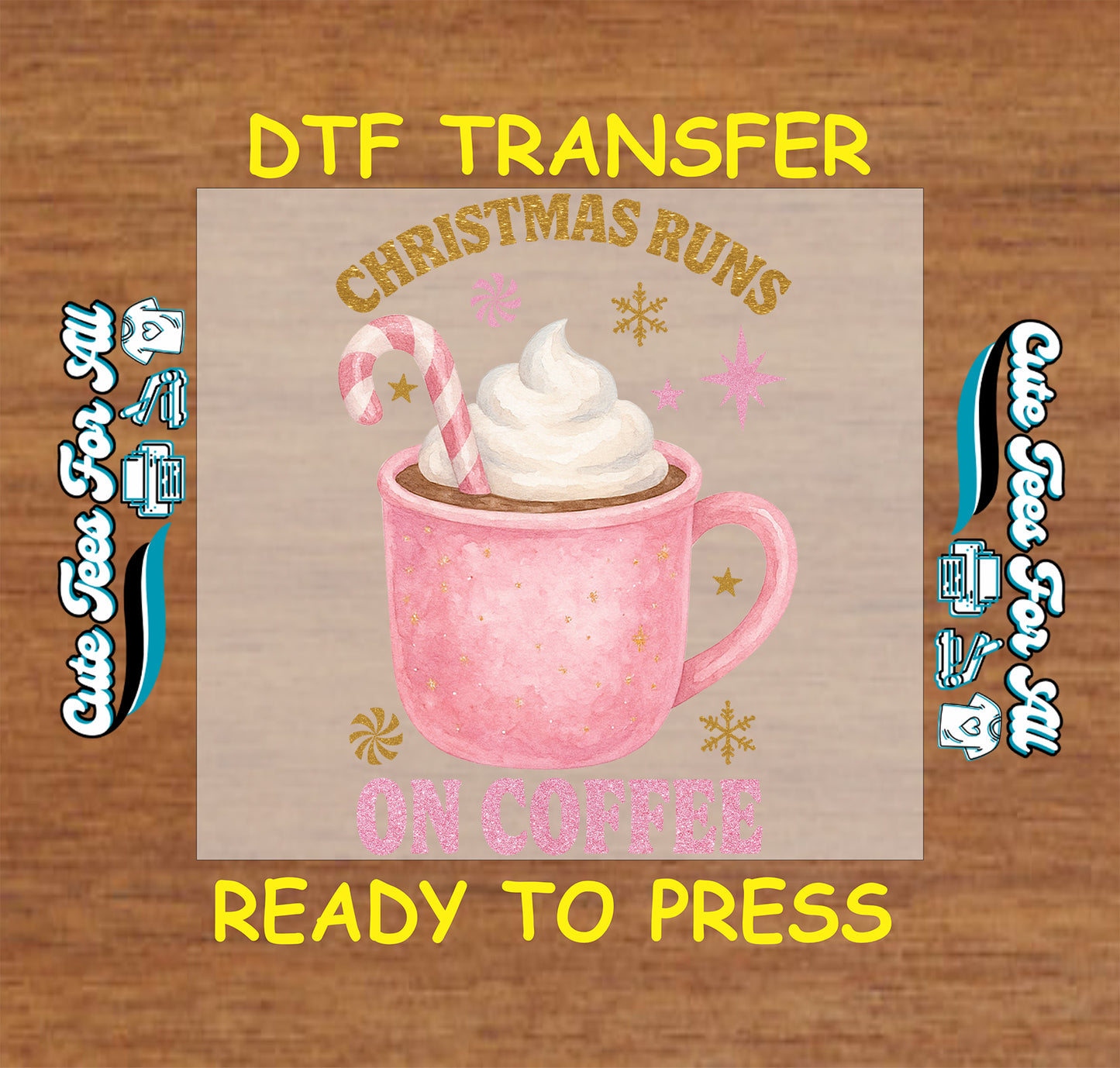 pink holiday mug with whipped cream and candy cane christmas runs on coffee ready to press dtf iron on heat transfer for diy shirts
