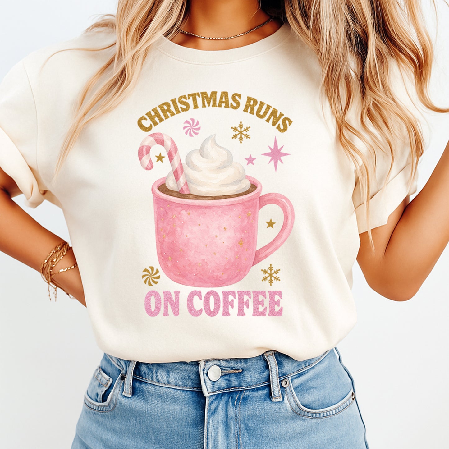 Christmas DTF Transfer – Christmas Runs on Coffee Pink Mug Ready to Press Iron On Heat Transfer for DIY Shirts 11902