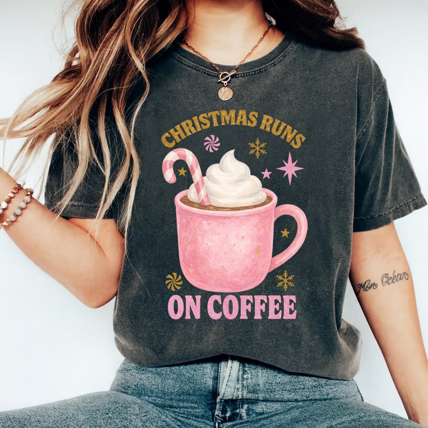 Christmas DTF Transfer – Christmas Runs on Coffee Pink Mug Ready to Press Iron On Heat Transfer for DIY Shirts 11902