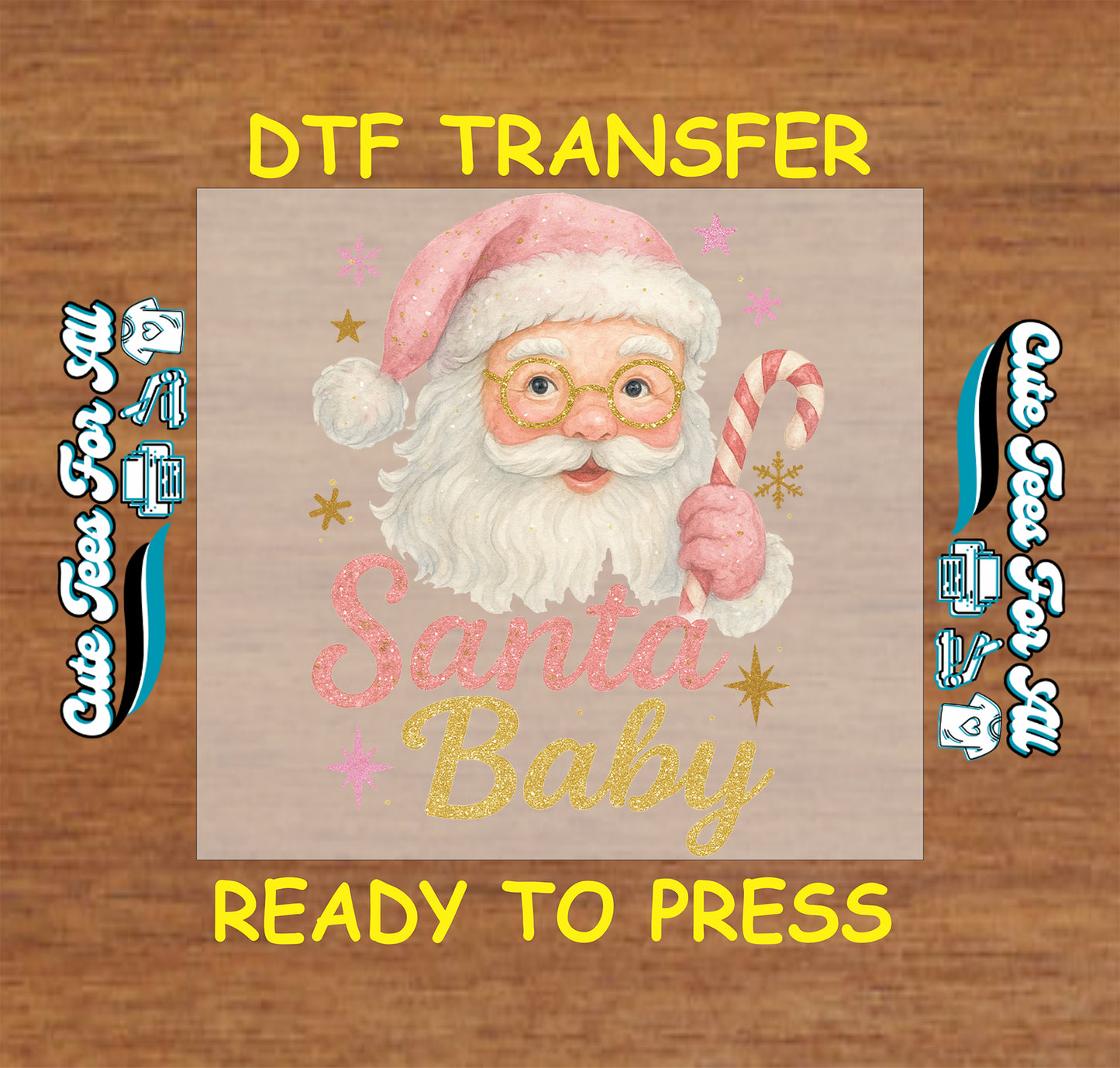 vintage pink santa with gold glasses and candy cane santa baby ready to press dtf iron on heat transfer for diy shirts