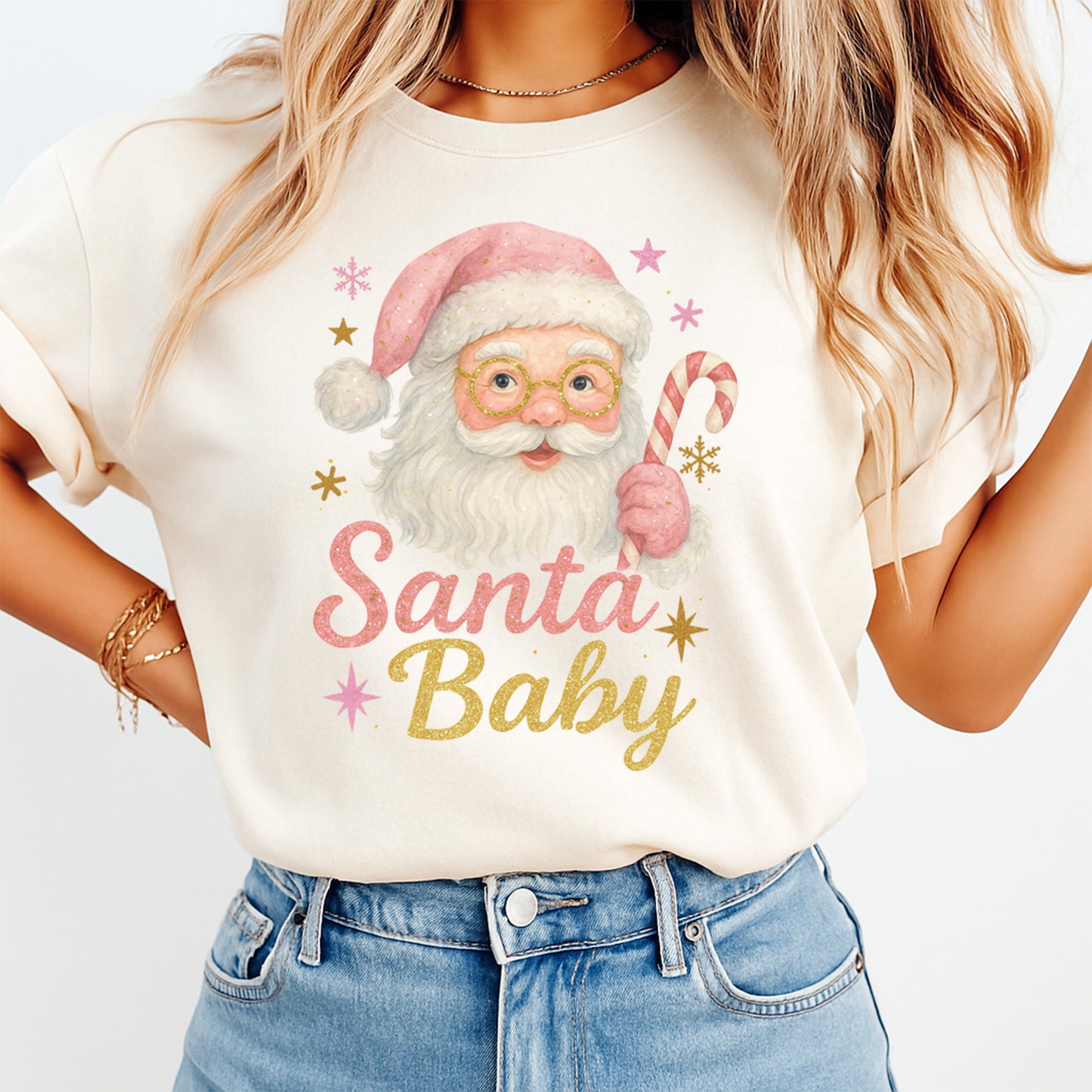 Christmas DTF Transfer – Pink Santa Baby Ready to Press Iron On Heat Transfer for DIY Shirts 11903