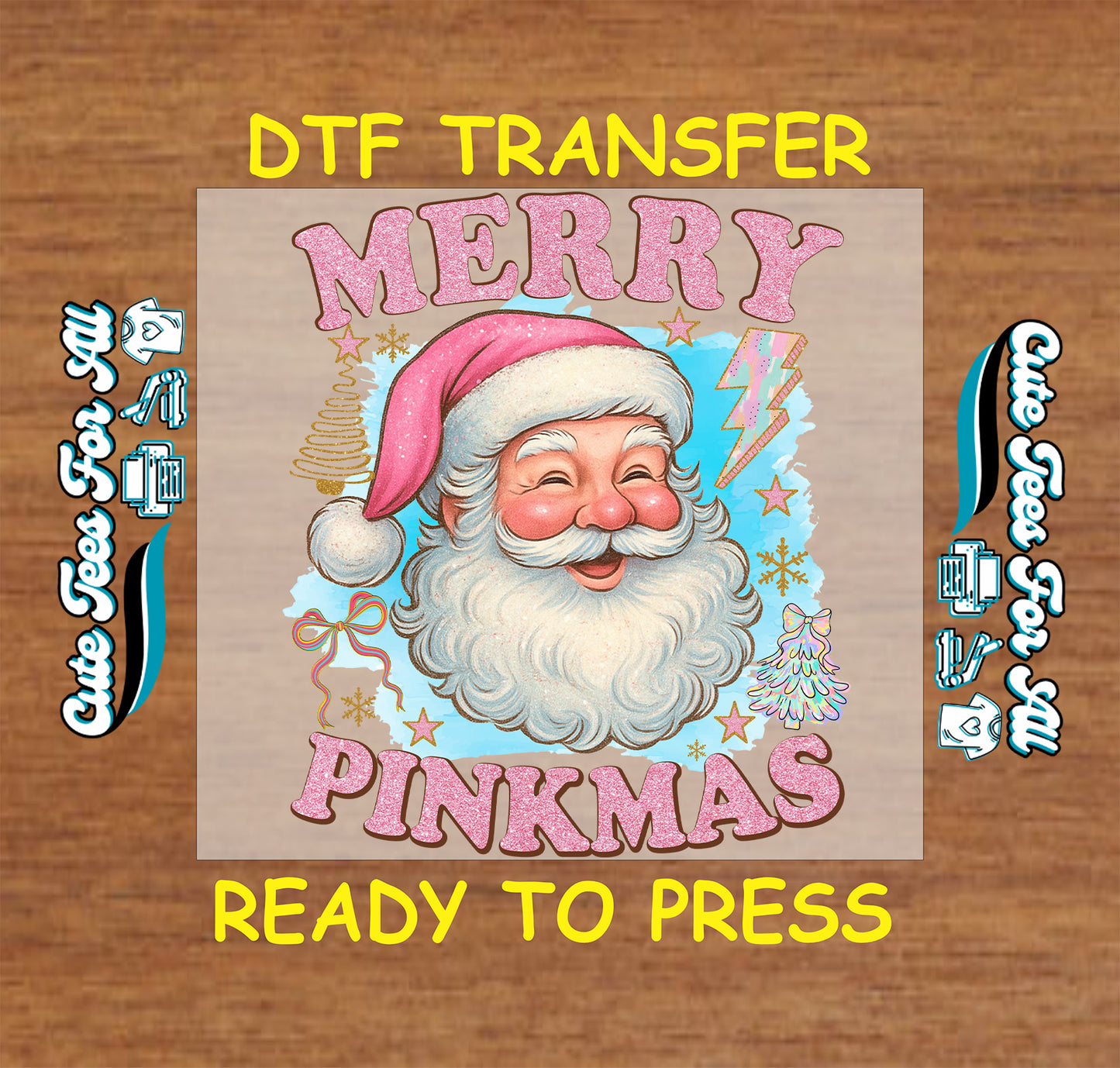 vintage santa with pink hat and lightning bolt merry pinkmas ready to press dtf iron on heat transfer for diy shirts