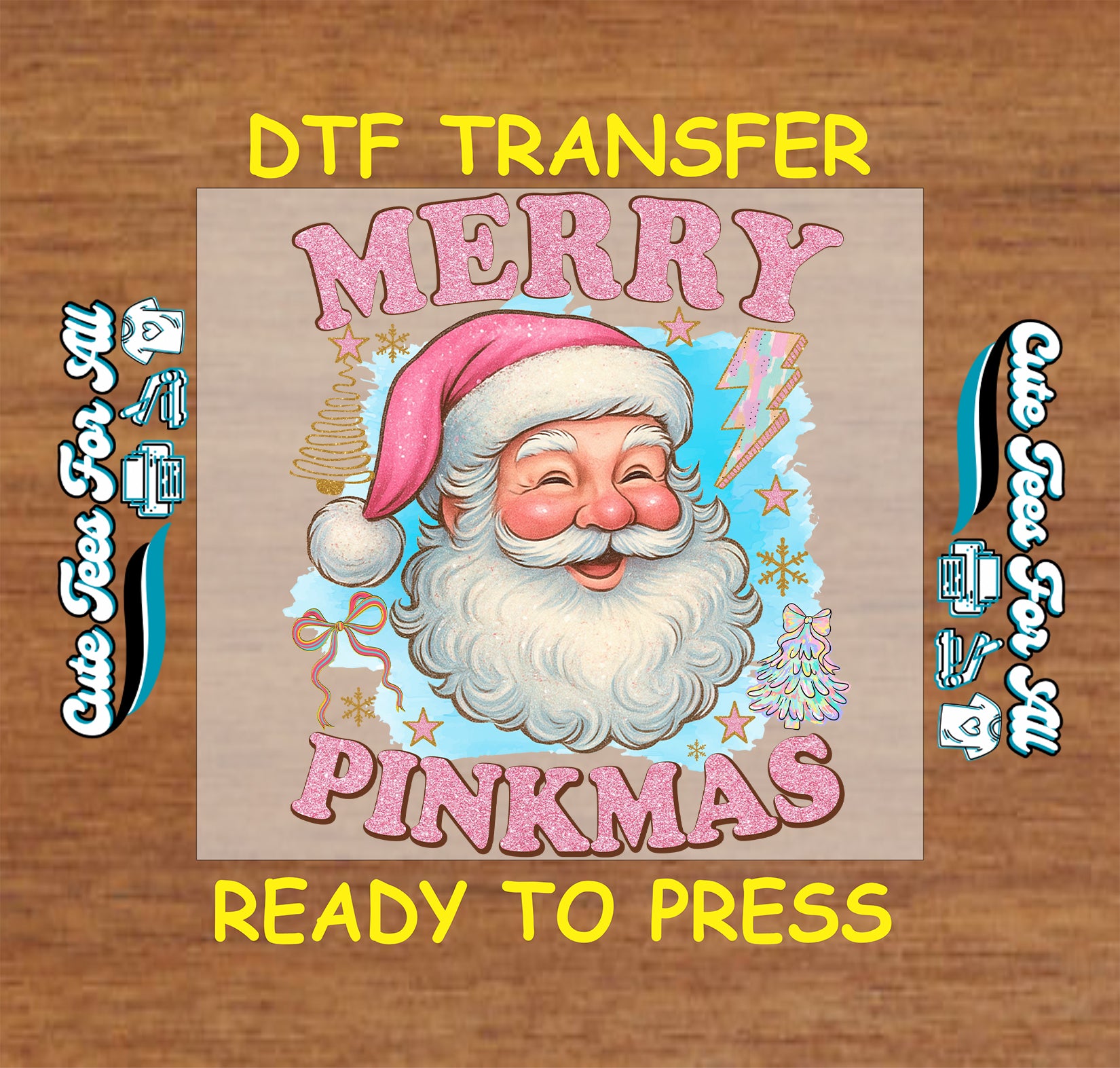 vintage santa with pink hat and lightning bolt merry pinkmas ready to press dtf iron on heat transfer for diy shirts