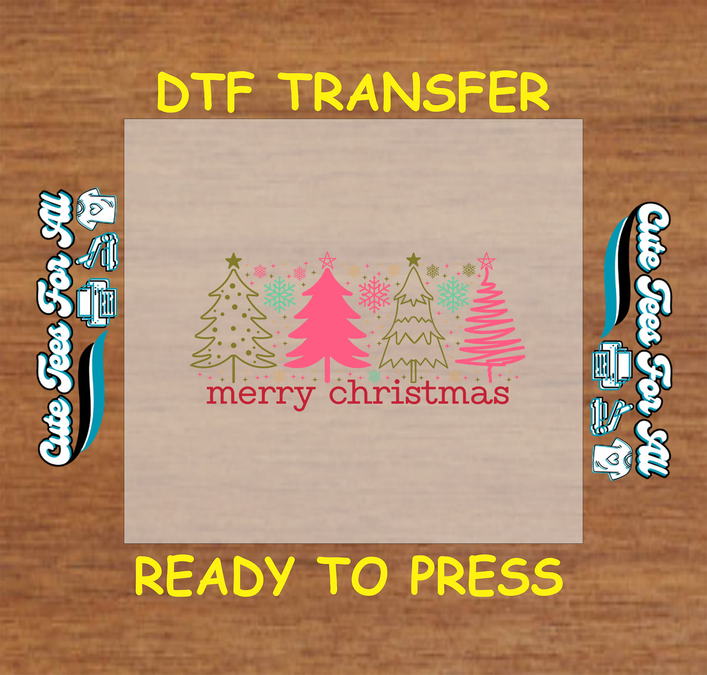 pink and green christmas trees with snowflakes merry christmas ready to press dtf iron on heat transfer for diy shirts