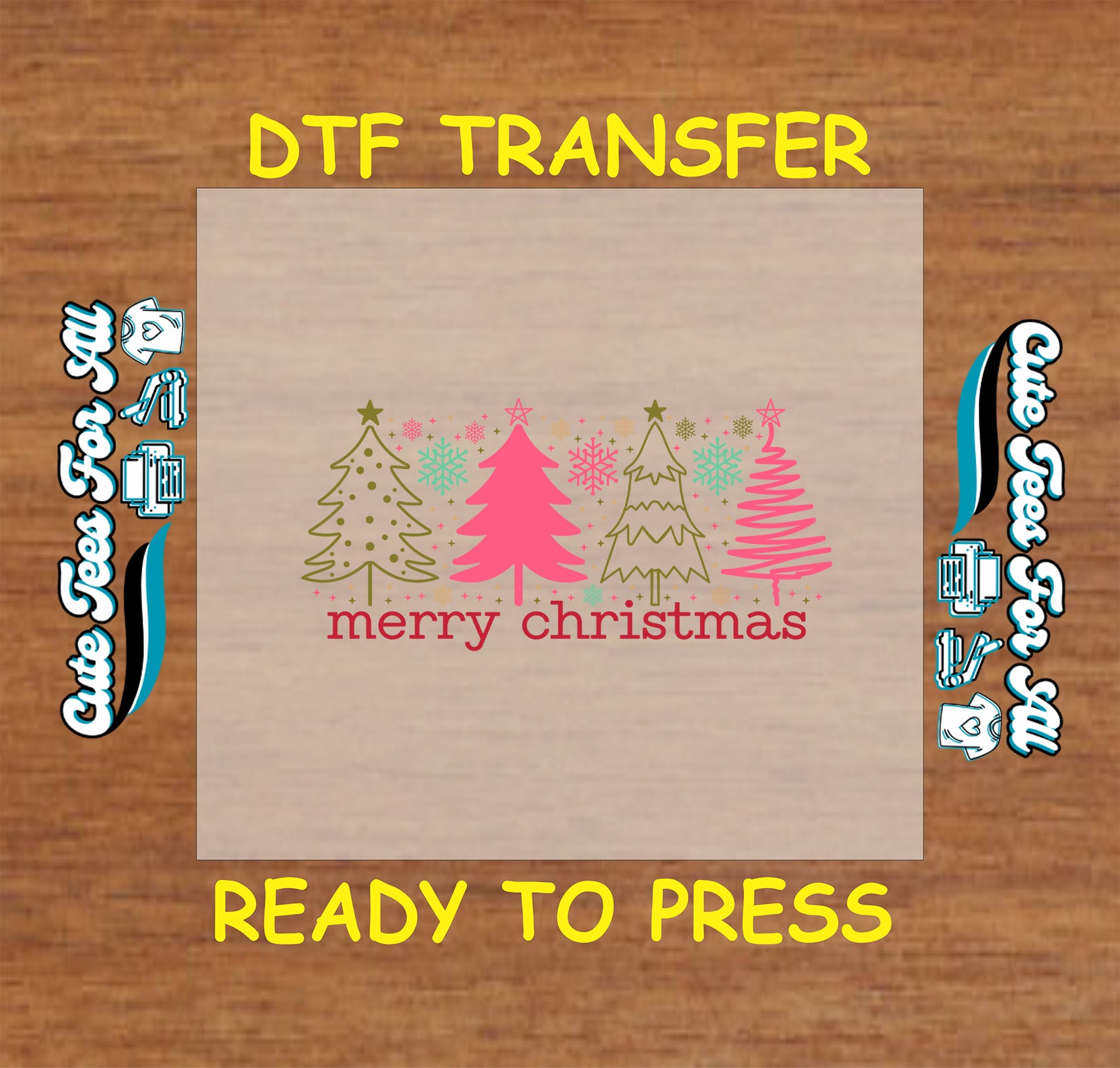 pink and green christmas trees with snowflakes merry christmas ready to press dtf iron on heat transfer for diy shirts
