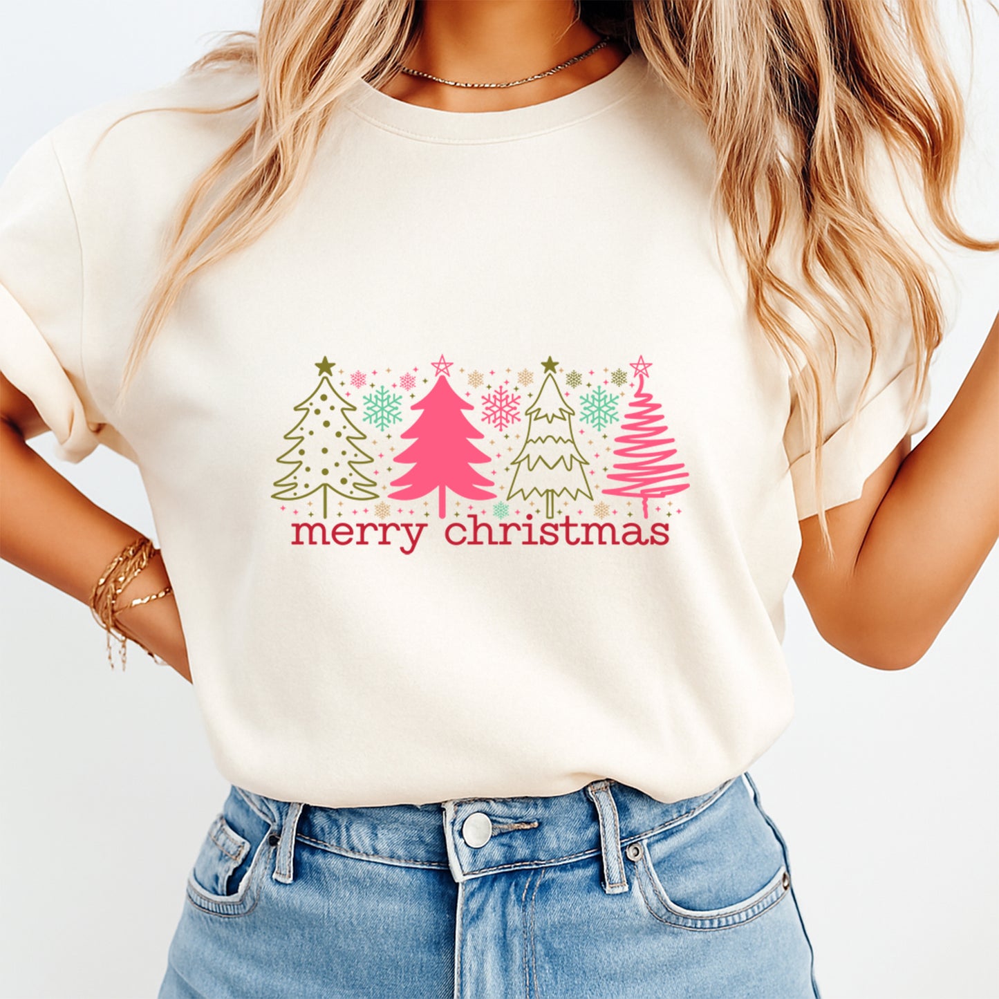 Christmas DTF Transfer – Pink and Green Trees Merry Christmas Ready to Press Iron On Heat Transfer for DIY Shirts 11906