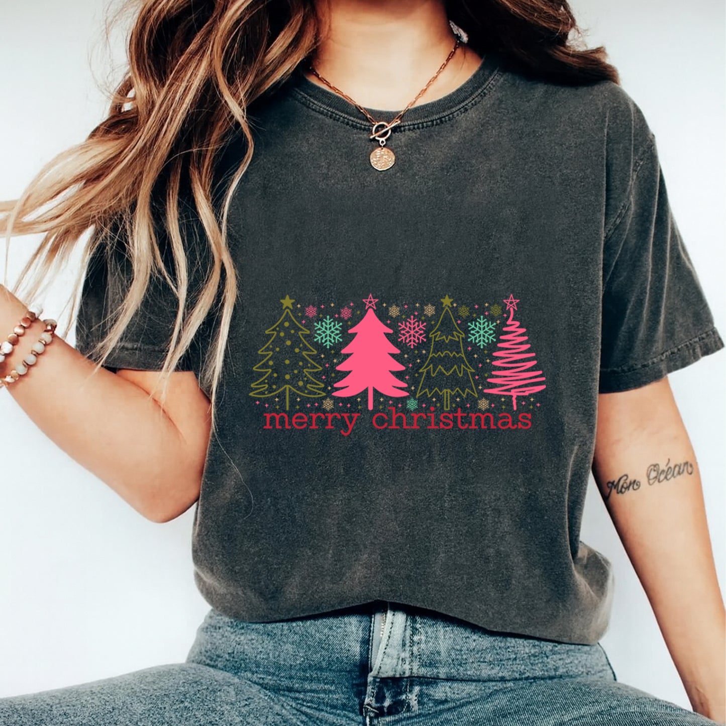 Christmas DTF Transfer – Pink and Green Trees Merry Christmas Ready to Press Iron On Heat Transfer for DIY Shirts 11906