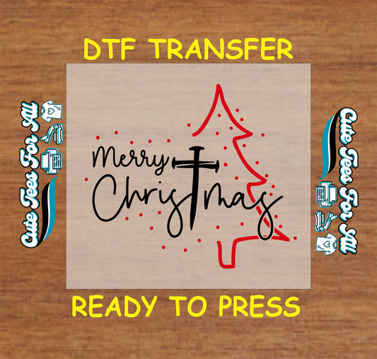 faith cross and red christmas tree merry christmas ready to press dtf iron on heat transfer for diy shirts