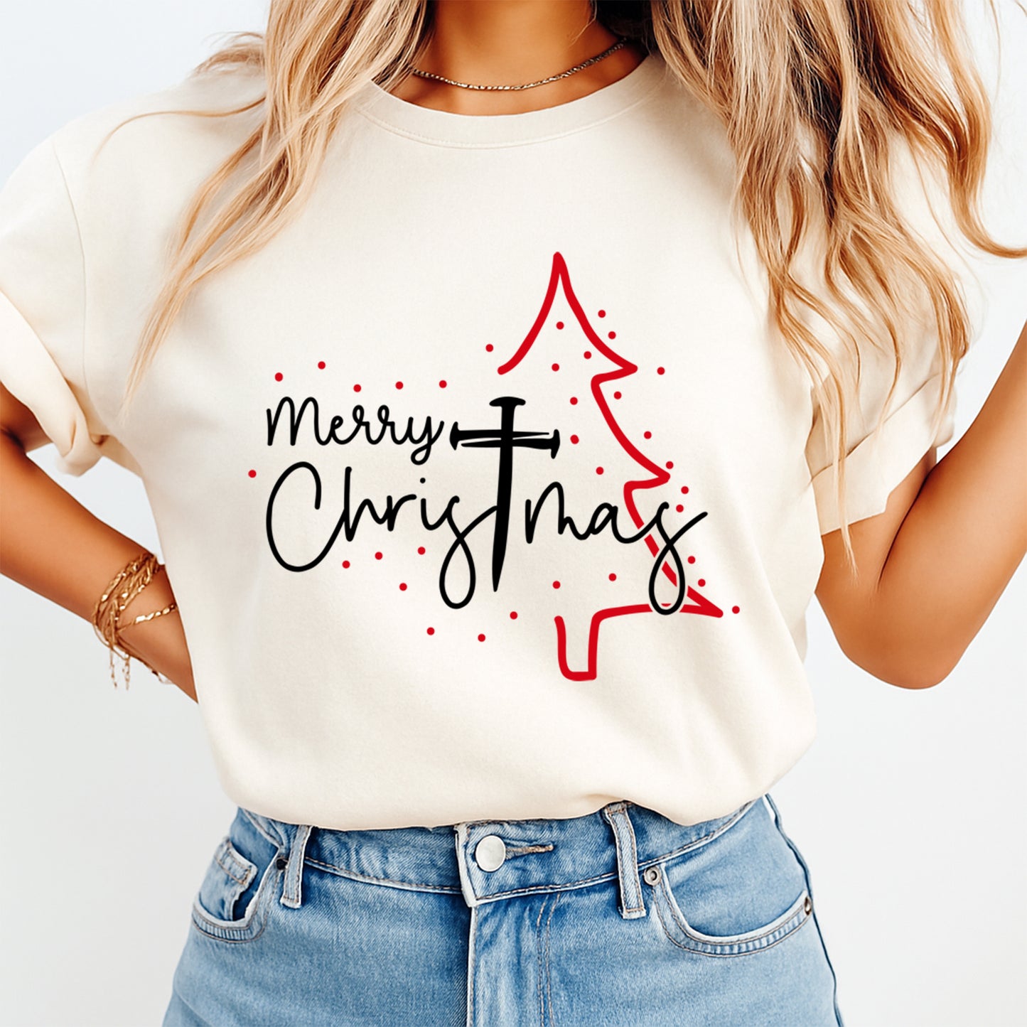 Christmas DTF Transfer – Faith Cross and Red Tree Merry Christmas Ready to Press Iron On Heat Transfer for DIY Shirts 11907