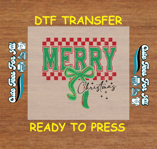 red checkerboard merry christmas with green bow ready to press dtf iron on heat transfer for diy shirts