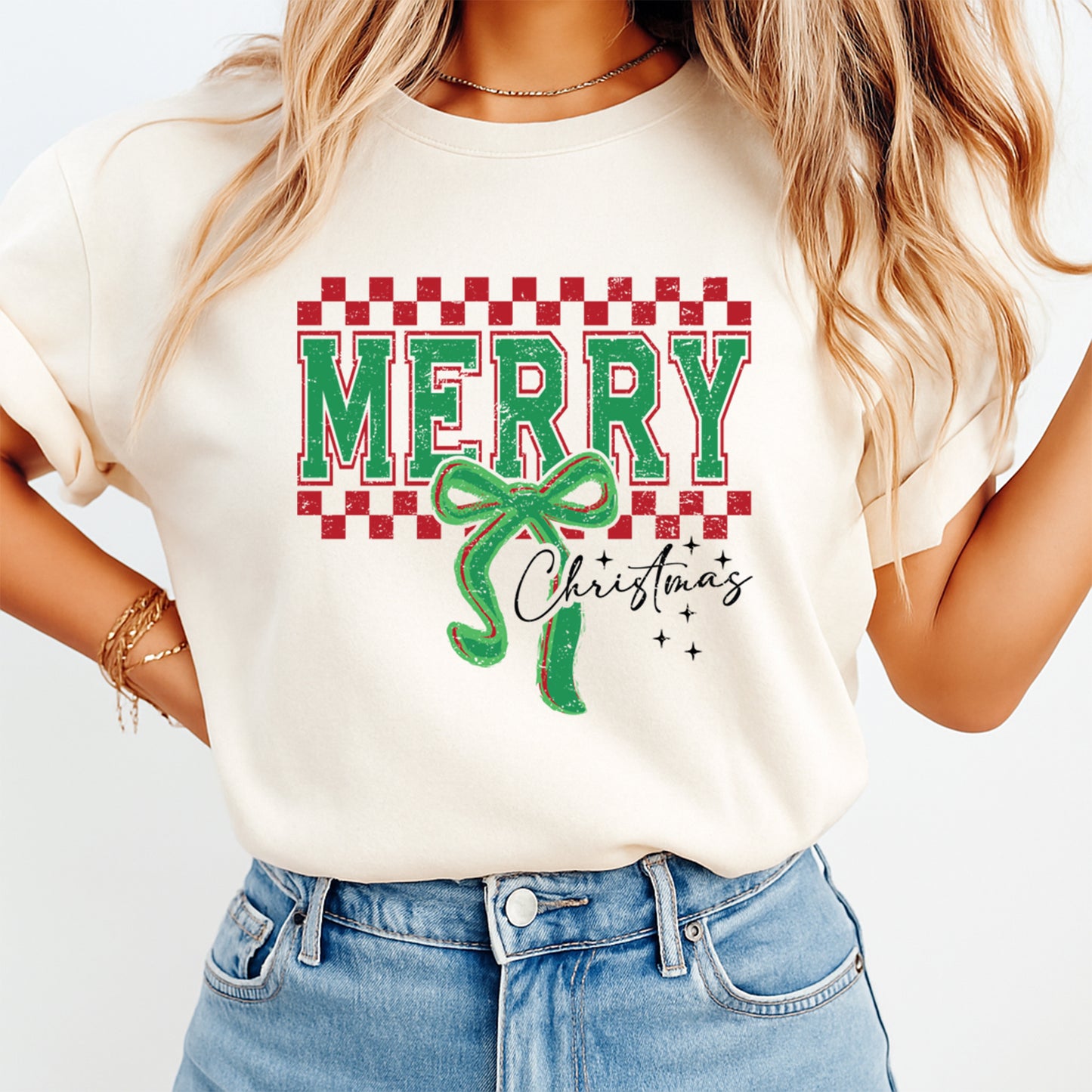 Christmas DTF Transfer – Red Checkerboard Merry with Green Bow Ready to Press Iron On Heat Transfer for DIY Shirts 11908