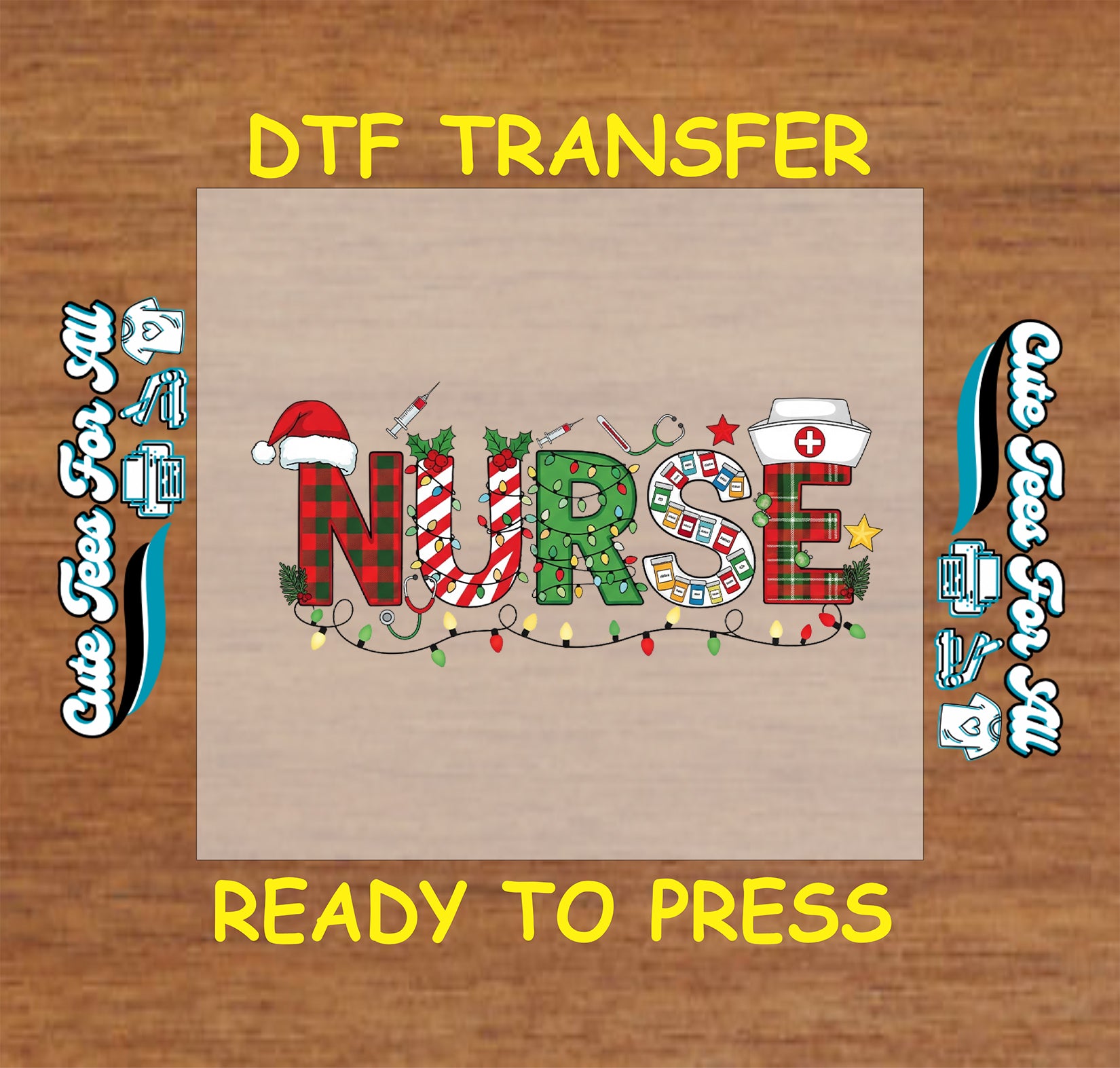 nurse christmas dtf transfer with santa hat lights and medical icons ready to press iron on heat transfer for diy shirts