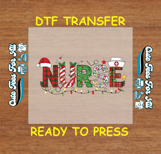 nurse christmas dtf transfer with santa hat lights and medical icons ready to press iron on heat transfer for diy shirts