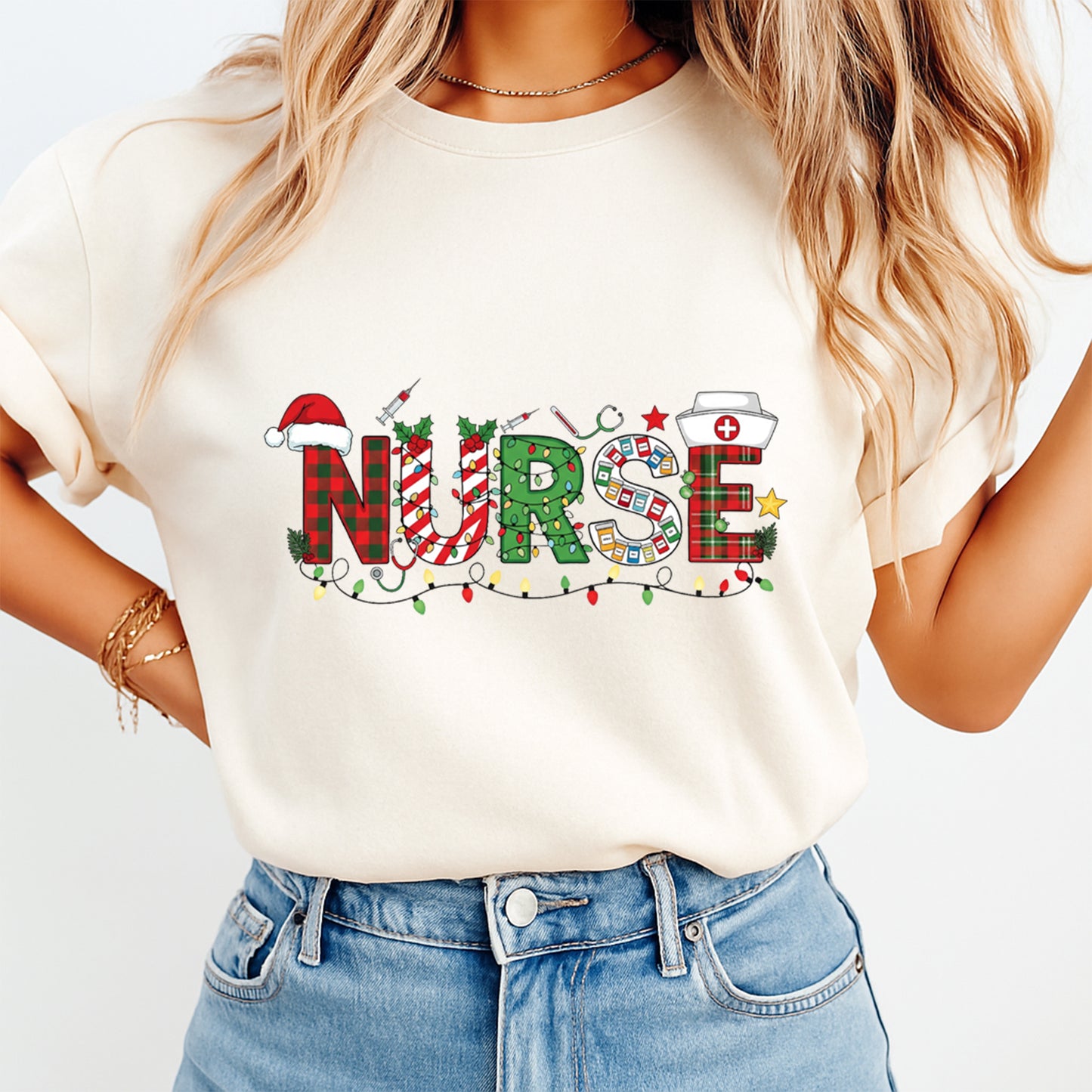 Christmas DTF Transfer – Nurse Holiday Lights and Santa Hat Ready to Press Iron On Heat Transfer for DIY Shirts 11909