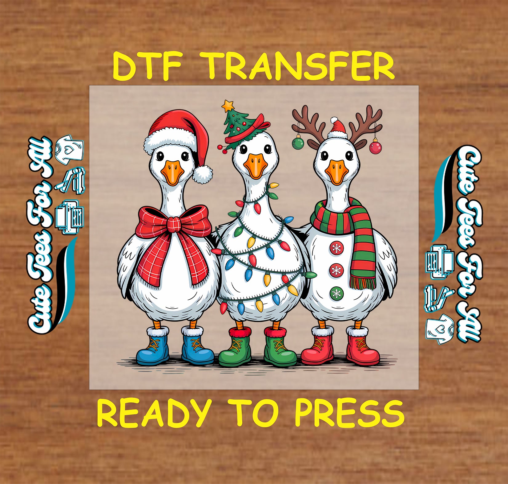three christmas geese with santa hat lights and scarf ready to press dtf iron on heat transfer for diy shirts