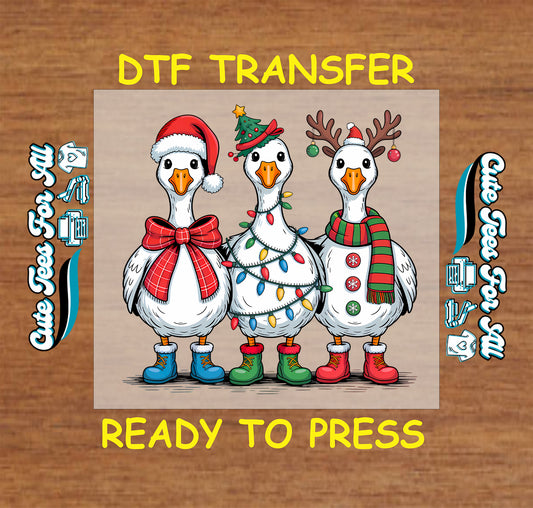 three christmas geese with santa hat lights and scarf ready to press dtf iron on heat transfer for diy shirts