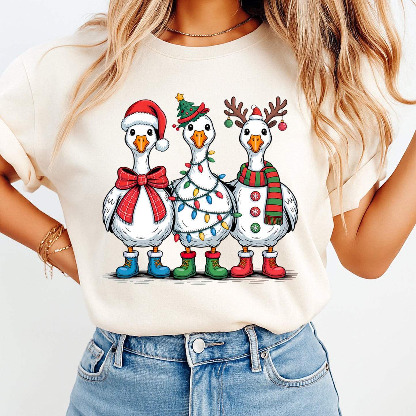 Christmas DTF Transfer – Festive Geese with Santa Hat Lights and Antlers Ready to Press Iron On Heat Transfer for DIY Shirts 11910