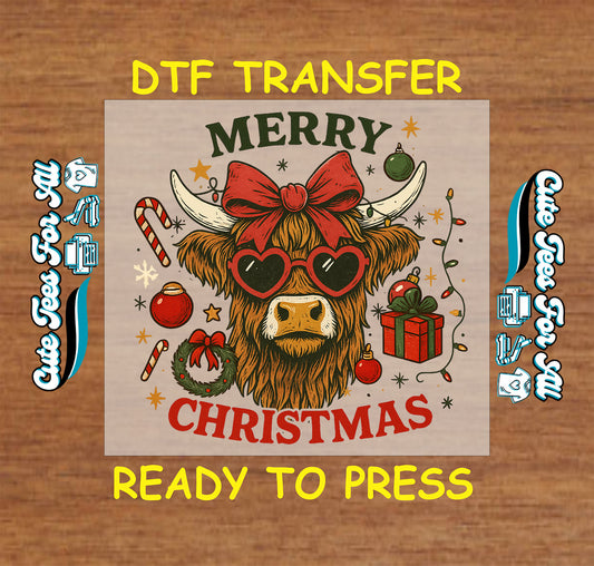 highland cow with bow and sunglasses christmas dtf transfer ready to press iron on heat transfer for diy shirts