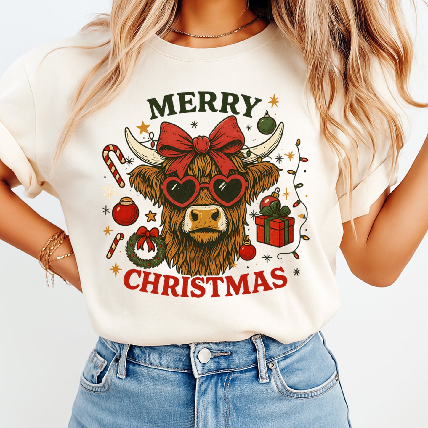 Christmas DTF Transfer – Highland Cow with Bow and Sunglasses Ready to Press Iron On Heat Transfer for DIY Shirts 11911