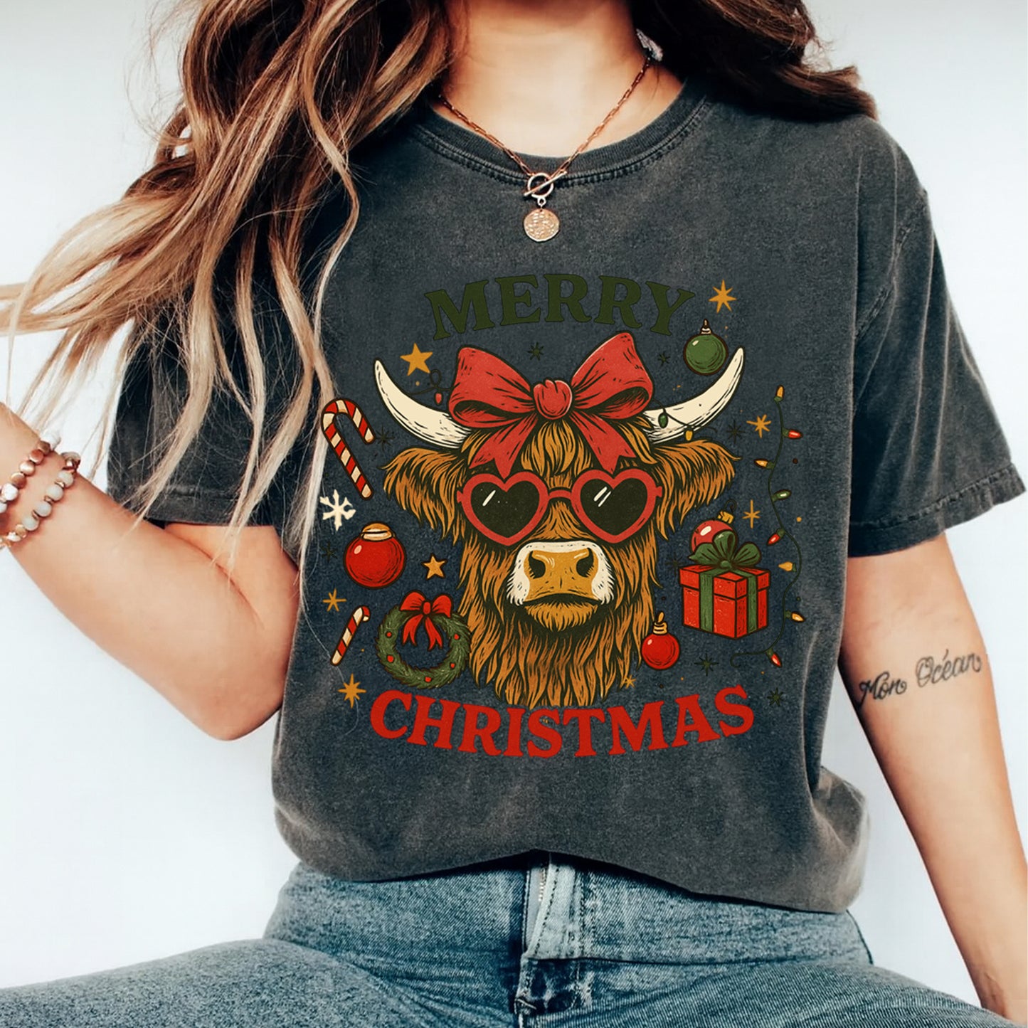 Christmas DTF Transfer – Highland Cow with Bow and Sunglasses Ready to Press Iron On Heat Transfer for DIY Shirts 11911