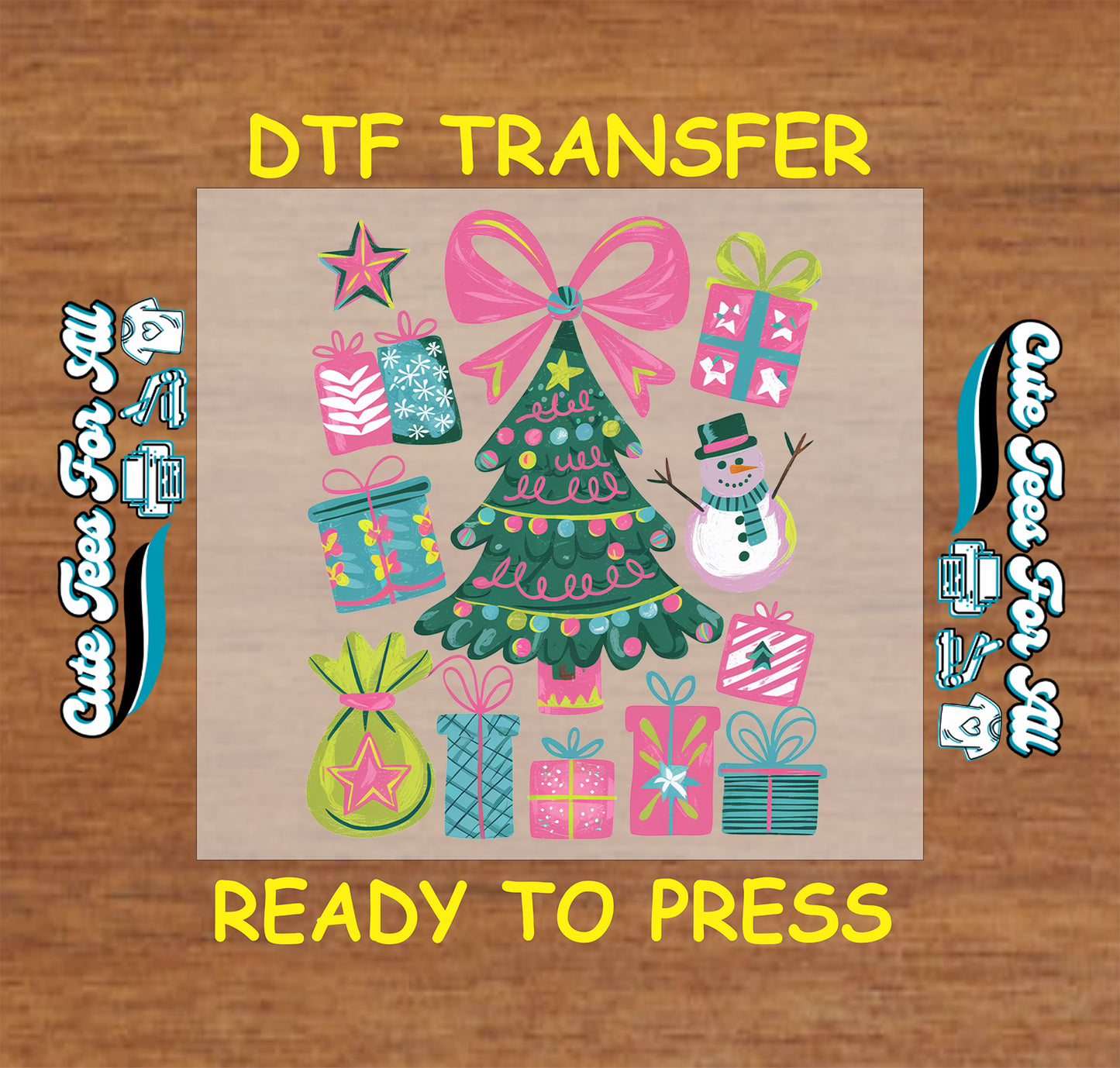 christmas tree with pink bow snowman and colorful gifts ready to press dtf transfer iron on heat transfer for diy shirts