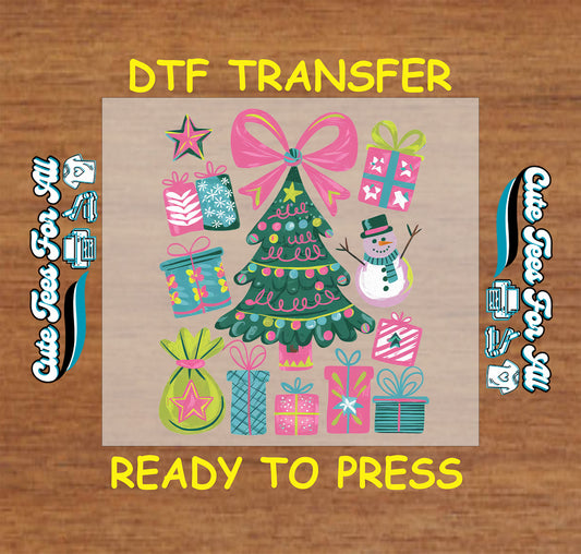 christmas tree with pink bow snowman and colorful gifts ready to press dtf transfer iron on heat transfer for diy shirts