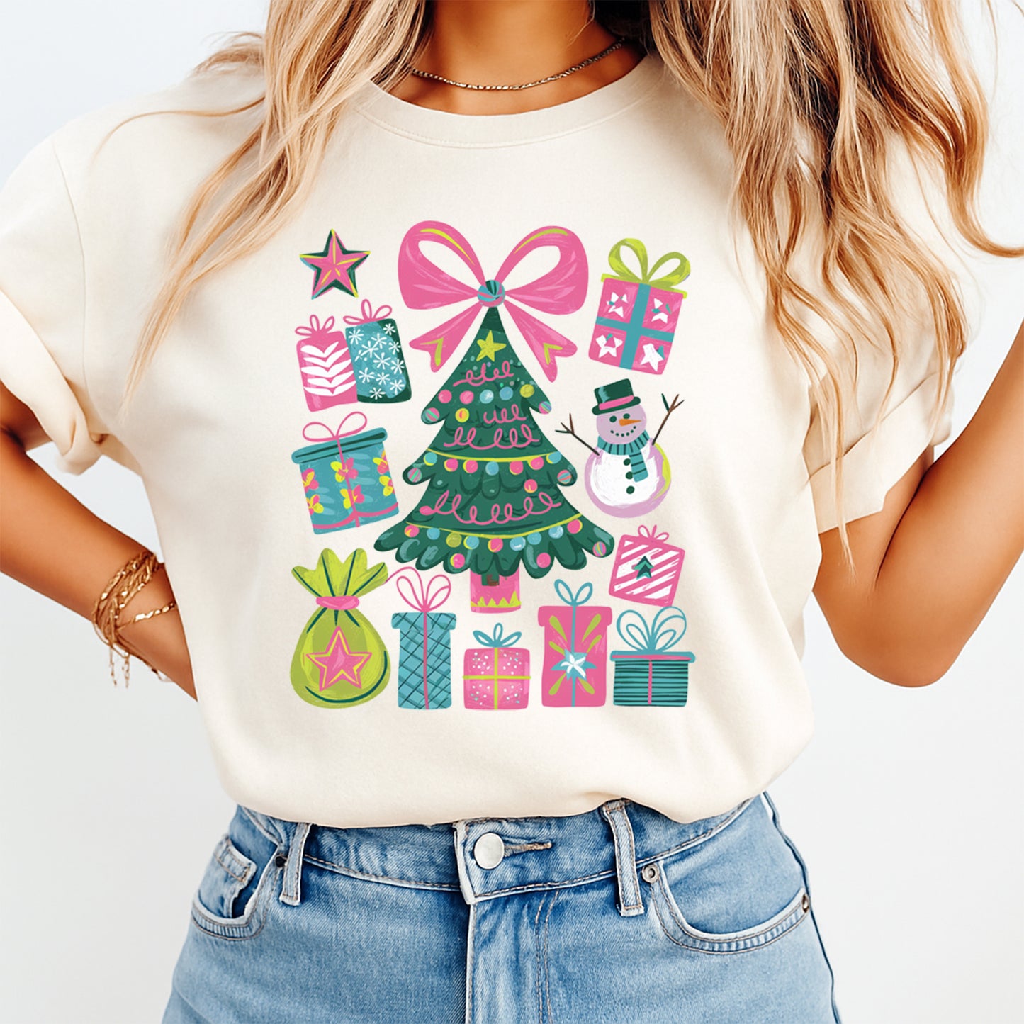 Christmas DTF Transfer – Pink Bow Tree with Gifts and Snowman Ready to Press Iron On Heat Transfer for DIY Shirts 11912