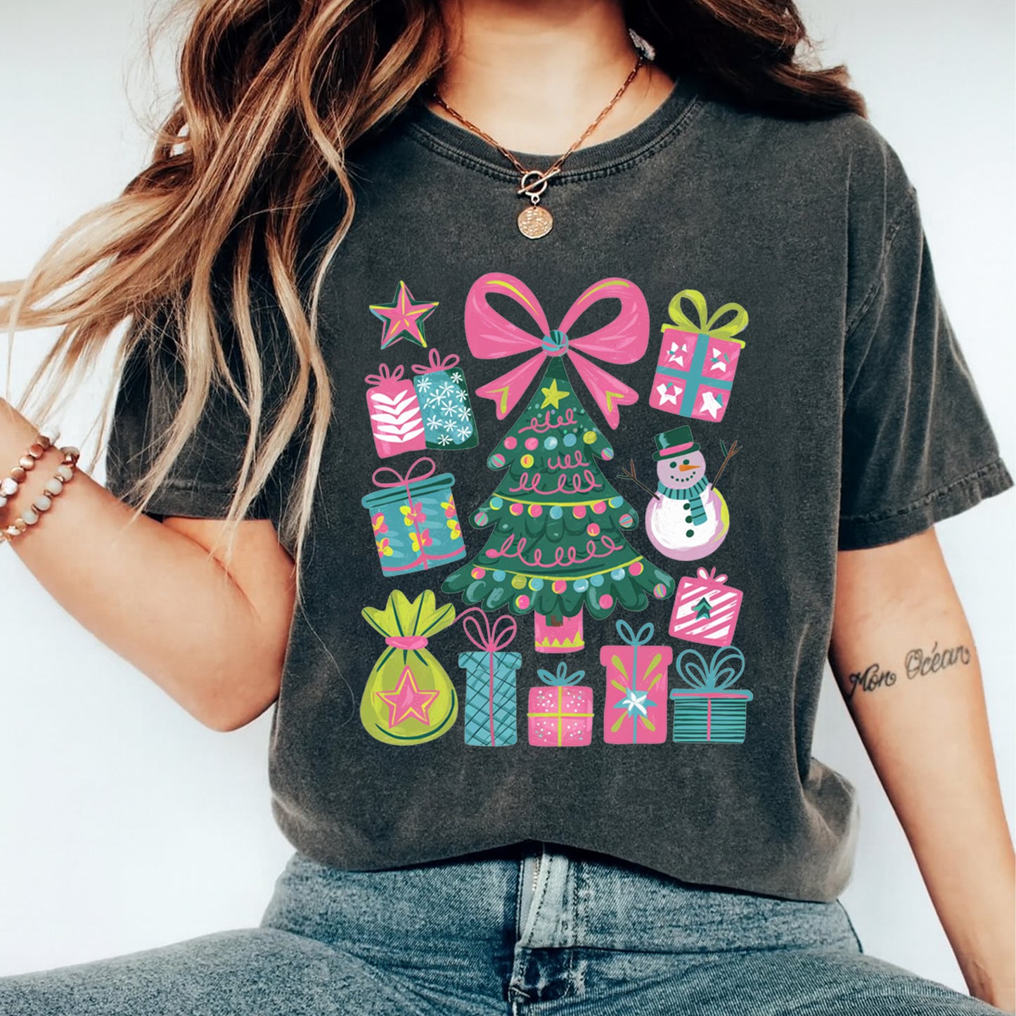 Christmas DTF Transfer – Pink Bow Tree with Gifts and Snowman Ready to Press Iron On Heat Transfer for DIY Shirts 11912