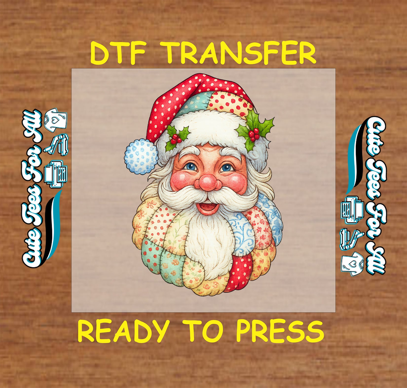 vintage patchwork santa face dtf transfer ready to press iron on heat transfer for diy shirts