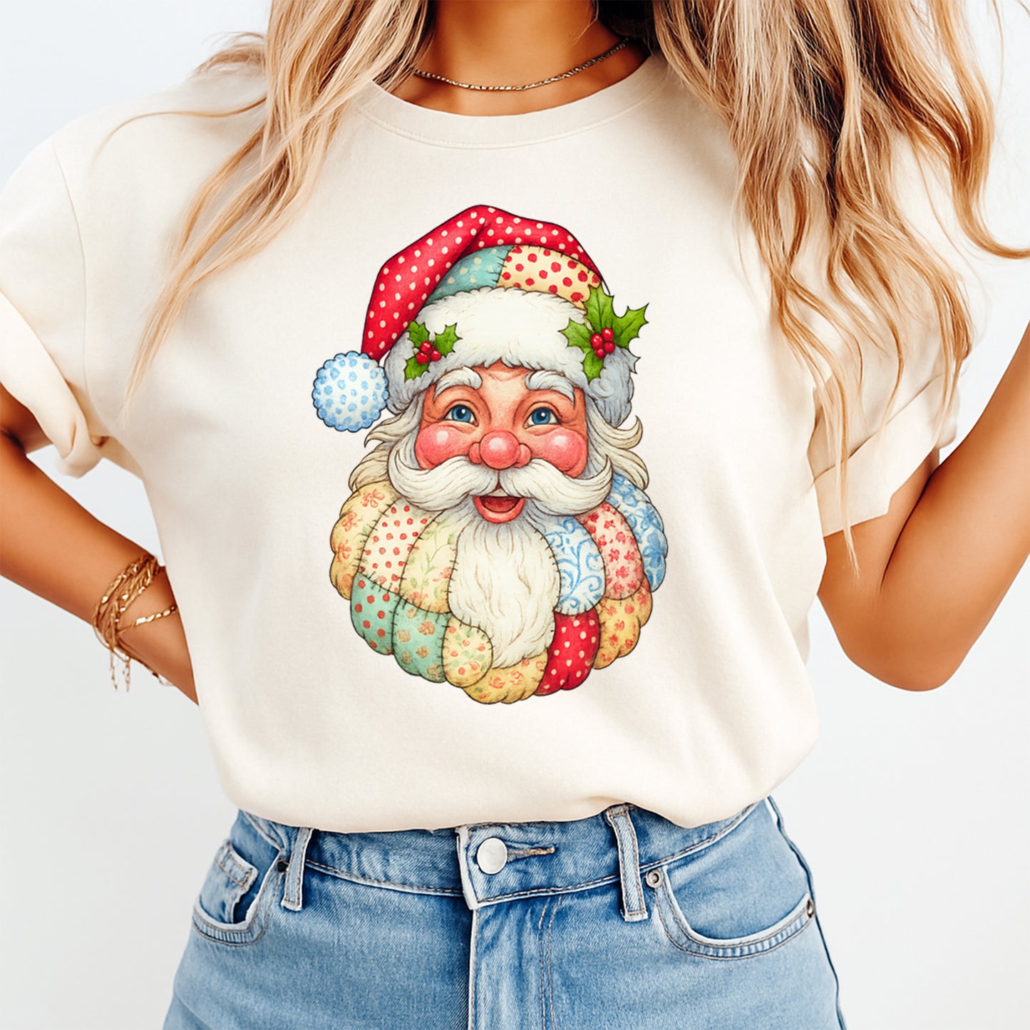 Christmas DTF Transfer – Patchwork Santa Face Ready to Press Iron On Heat Transfer for DIY Shirts 11914