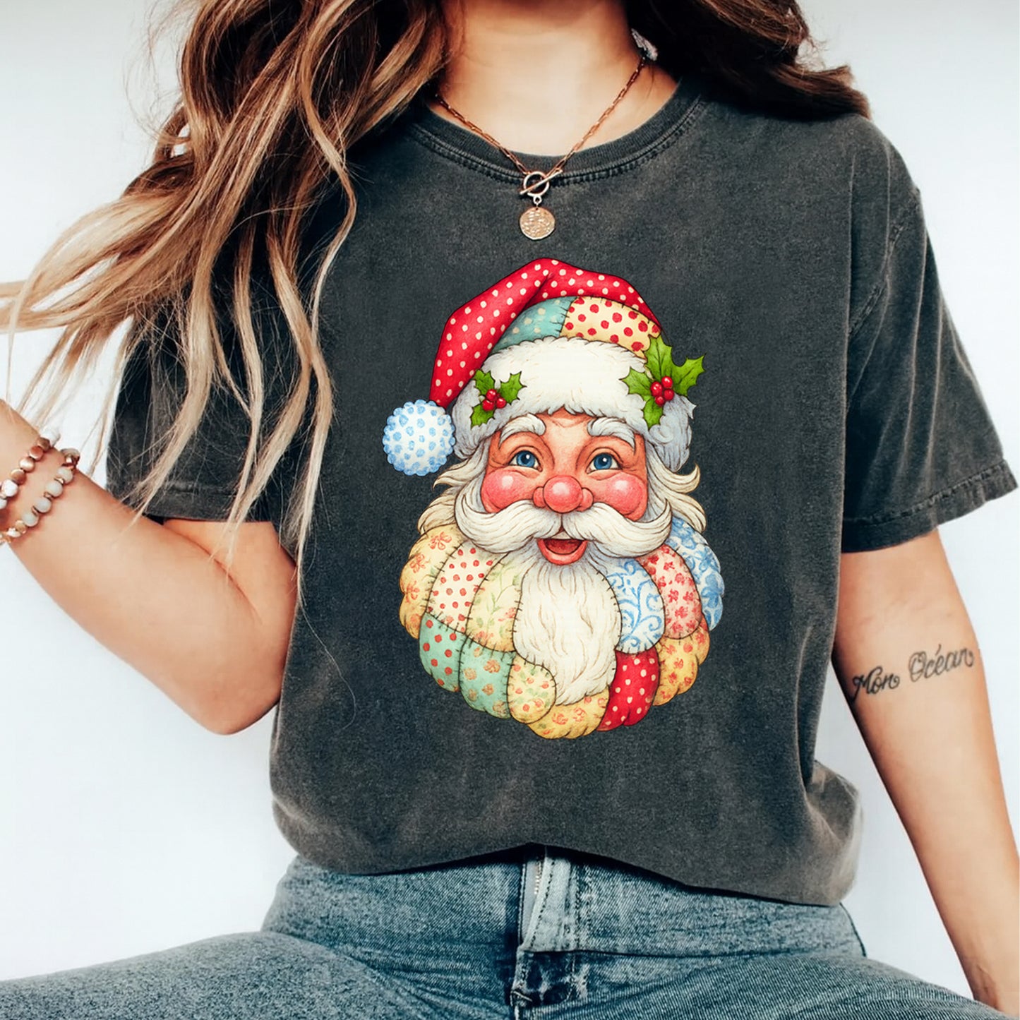 Christmas DTF Transfer – Patchwork Santa Face Ready to Press Iron On Heat Transfer for DIY Shirts 11914