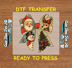 Christmas DTF Transfer – Retro Holiday Bow with Santa Reindeer and Tree Ready to Press Iron On Heat Transfer for DIY Shirts 11915