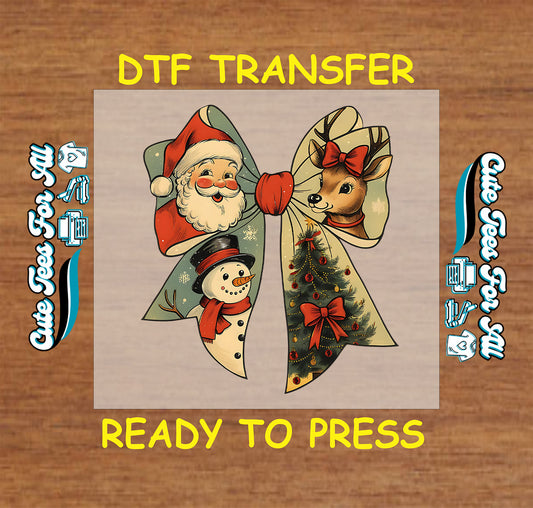 retro christmas bow with santa reindeer snowman and tree ready to press dtf transfer iron on heat transfer for diy shirts