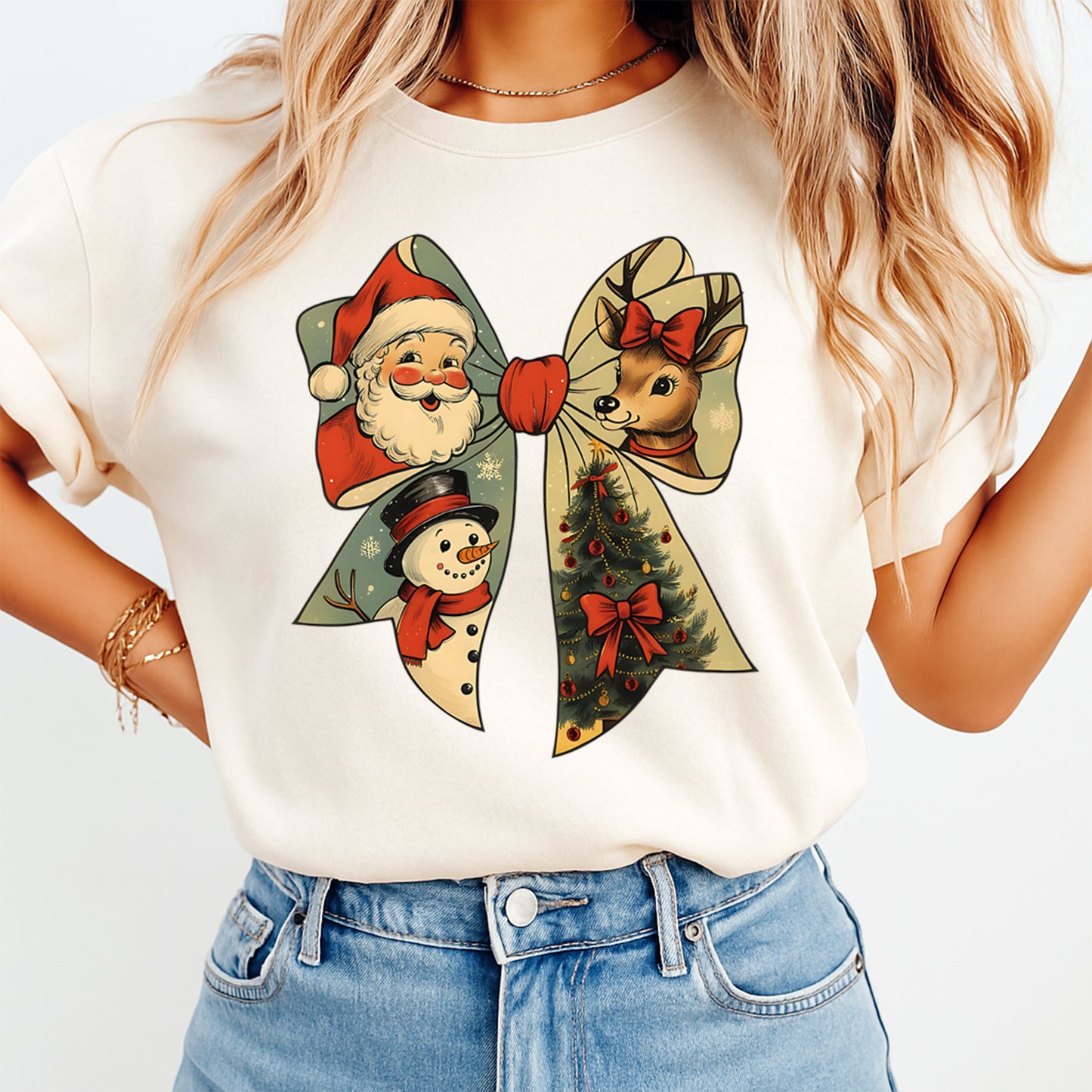 Christmas DTF Transfer – Retro Holiday Bow with Santa Reindeer and Tree Ready to Press Iron On Heat Transfer for DIY Shirts 11915