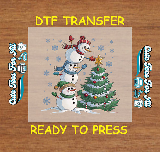 stacked snowmen decorating christmas tree dtf transfer ready to press iron on heat transfer for diy shirts