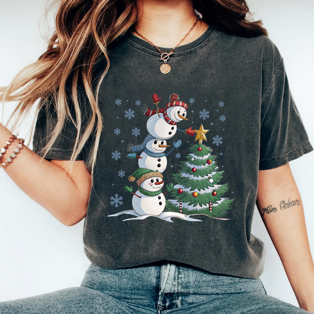 Christmas DTF Transfer – Stacked Snowmen Decorating Tree Ready to Press Iron On Heat Transfer for DIY Shirts 11917
