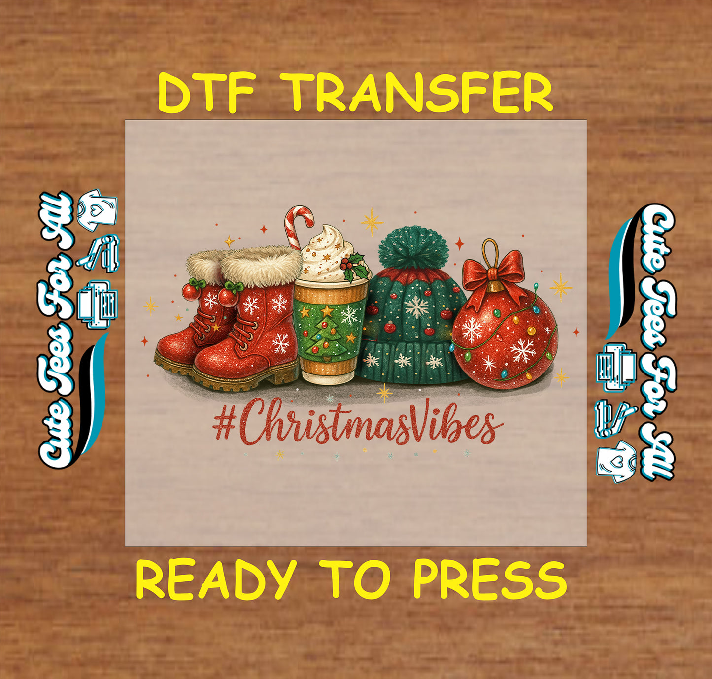 christmas vibes dtf transfer with boots cocoa hat ornament ready to press iron on heat transfer for diy shirts