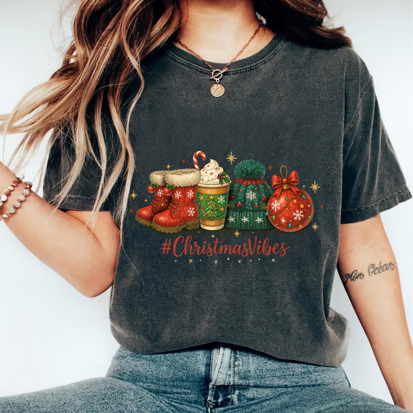 Christmas DTF Transfer – #ChristmasVibes Boots Cocoa Hat Ornament Ready to Press Iron On Heat Transfer for DIY Shirts 11920