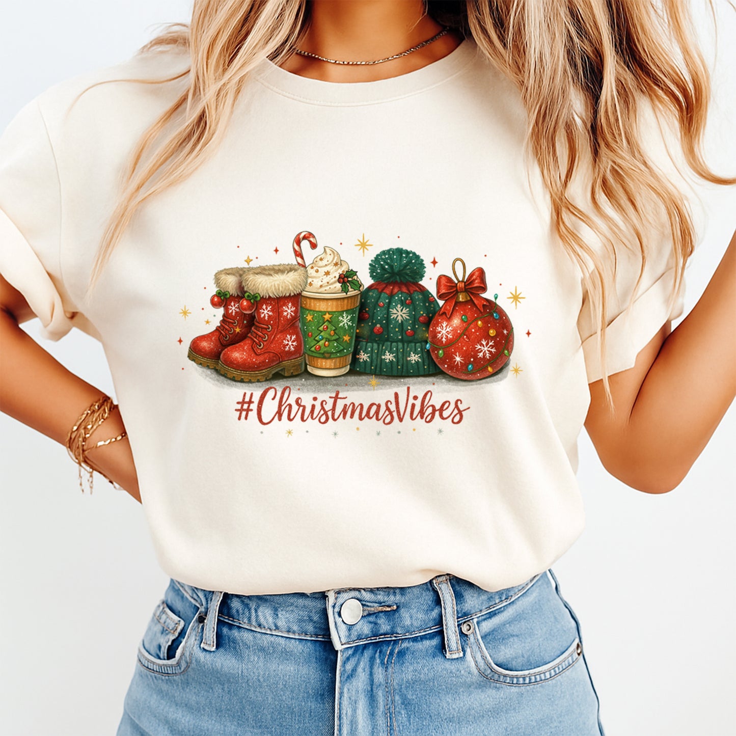 Christmas DTF Transfer – #ChristmasVibes Boots Cocoa Hat Ornament Ready to Press Iron On Heat Transfer for DIY Shirts 11920