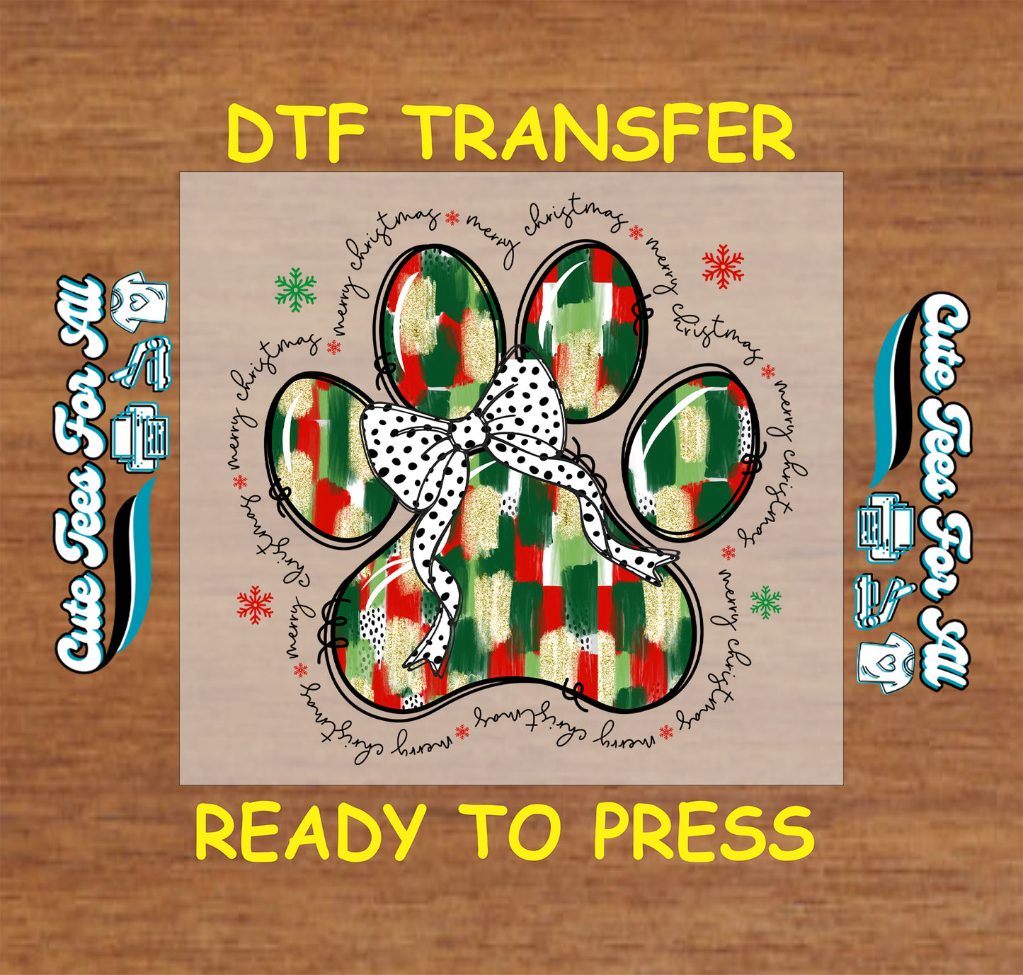 christmas paw print dtf transfer with bow ready to press iron on heat transfer for diy shirts