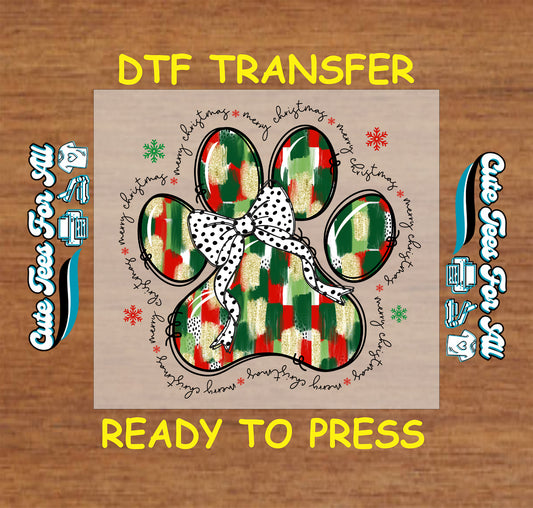christmas paw print dtf transfer with bow ready to press iron on heat transfer for diy shirts