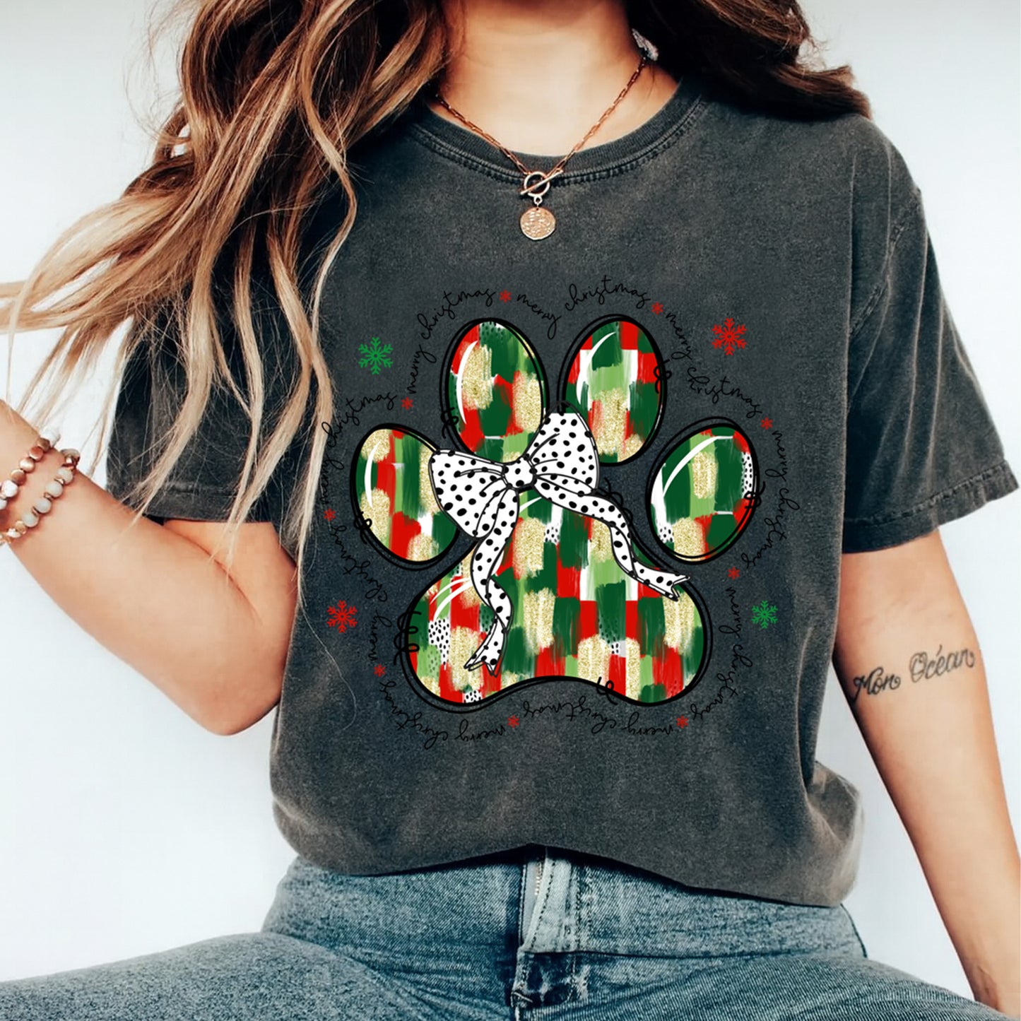 Christmas DTF Transfer – Paw Print with Polka Dot Bow Ready to Press Iron On Heat Transfer for DIY Shirts 11921