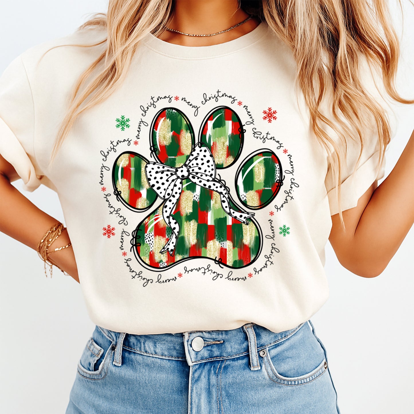 Christmas DTF Transfer – Paw Print with Polka Dot Bow Ready to Press Iron On Heat Transfer for DIY Shirts 11921